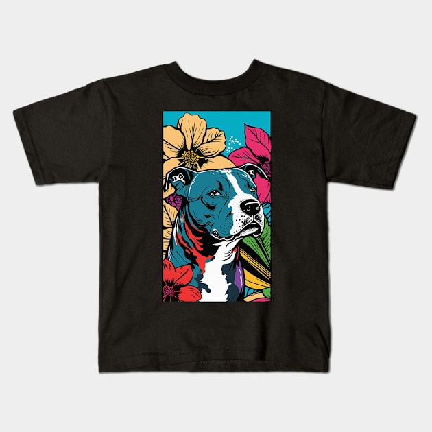 American Staffordshire Terrier PitBull Dog Vibrant Tropical Flower Tall Retro Vintage Digital Pop Art Portrait 2 Kids T-Shirt by ArtHouseFlunky